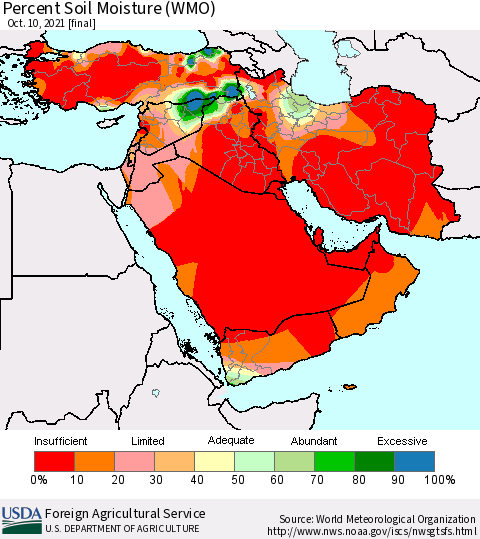 Middle East and Turkey Percent Soil Moisture (WMO) Thematic Map For 10/4/2021 - 10/10/2021