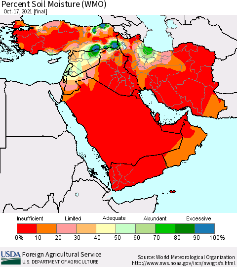 Middle East and Turkey Percent Soil Moisture (WMO) Thematic Map For 10/11/2021 - 10/17/2021