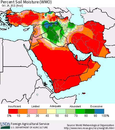 Middle East and Turkey Percent Soil Moisture (WMO) Thematic Map For 10/18/2021 - 10/24/2021