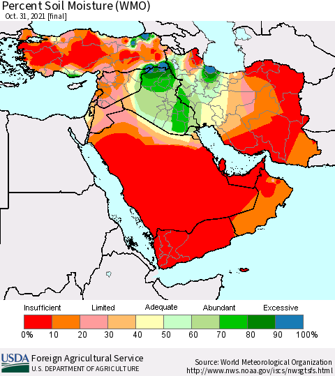 Middle East and Turkey Percent Soil Moisture (WMO) Thematic Map For 10/25/2021 - 10/31/2021