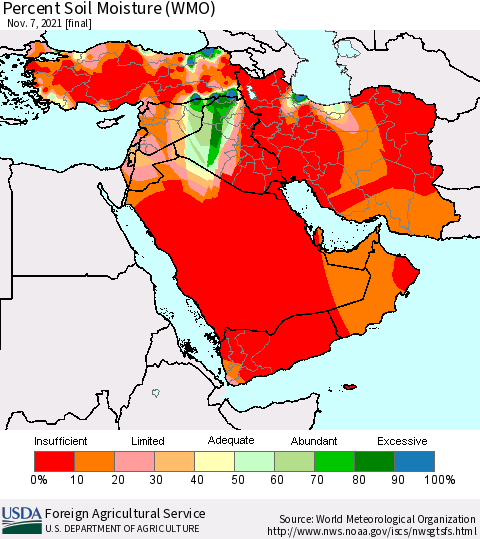 Middle East and Turkey Percent Soil Moisture (WMO) Thematic Map For 11/1/2021 - 11/7/2021