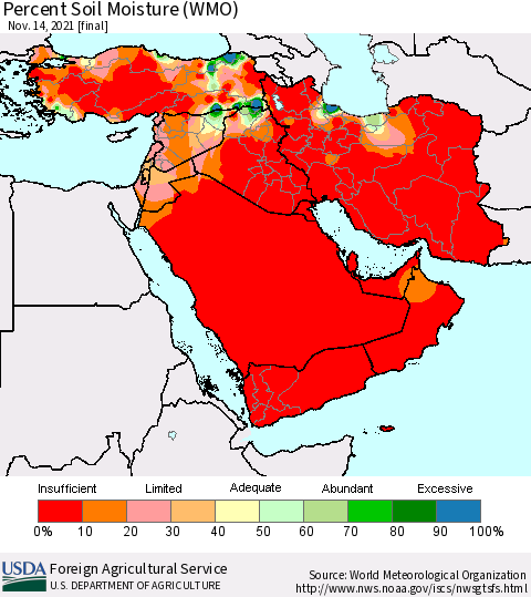 Middle East and Turkey Percent Soil Moisture (WMO) Thematic Map For 11/8/2021 - 11/14/2021