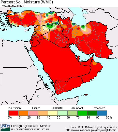 Middle East and Turkey Percent Soil Moisture (WMO) Thematic Map For 11/15/2021 - 11/21/2021