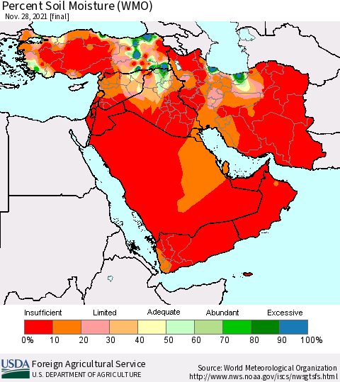 Middle East and Turkey Percent Soil Moisture (WMO) Thematic Map For 11/22/2021 - 11/28/2021
