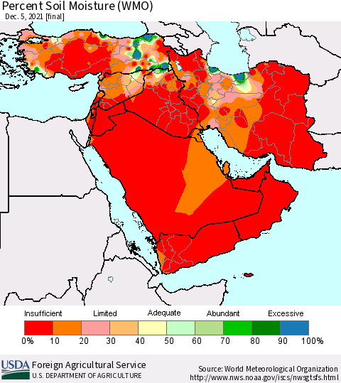 Middle East and Turkey Percent Soil Moisture (WMO) Thematic Map For 11/29/2021 - 12/5/2021