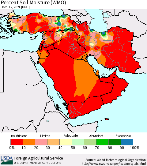 Middle East and Turkey Percent Soil Moisture (WMO) Thematic Map For 12/6/2021 - 12/12/2021