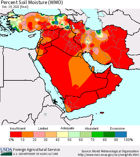 Middle East and Turkey Percent Soil Moisture (WMO) Thematic Map For 12/13/2021 - 12/19/2021