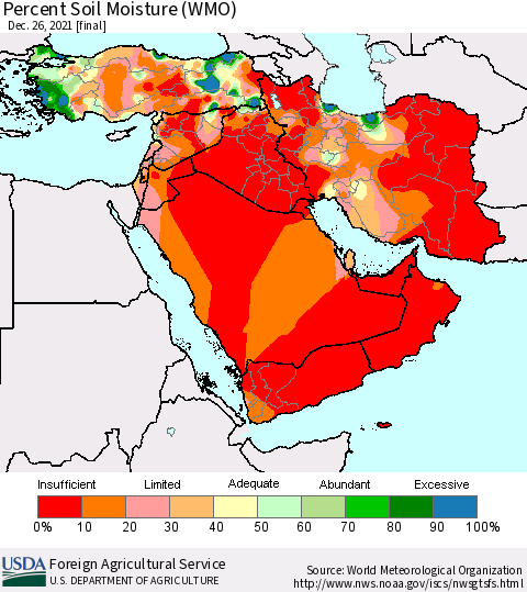 Middle East and Turkey Percent Soil Moisture (WMO) Thematic Map For 12/20/2021 - 12/26/2021
