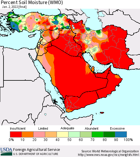 Middle East and Turkey Percent Soil Moisture (WMO) Thematic Map For 12/27/2021 - 1/2/2022