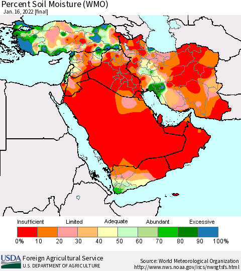 Middle East and Turkey Percent Soil Moisture (WMO) Thematic Map For 1/10/2022 - 1/16/2022