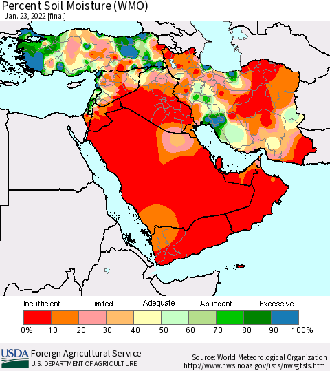 Middle East and Turkey Percent Soil Moisture (WMO) Thematic Map For 1/17/2022 - 1/23/2022