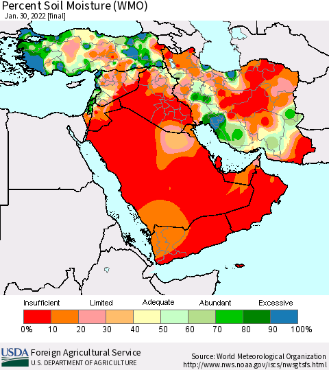 Middle East and Turkey Percent Soil Moisture (WMO) Thematic Map For 1/24/2022 - 1/30/2022