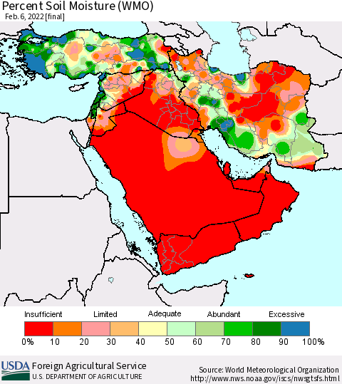 Middle East and Turkey Percent Soil Moisture (WMO) Thematic Map For 1/31/2022 - 2/6/2022