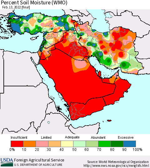 Middle East and Turkey Percent Soil Moisture (WMO) Thematic Map For 2/7/2022 - 2/13/2022