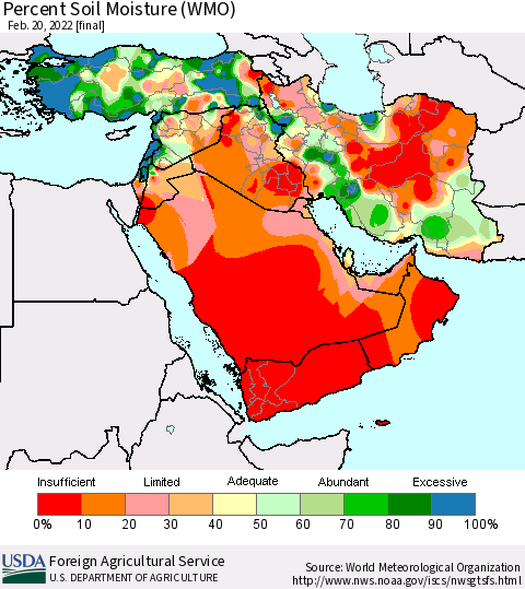 Middle East and Turkey Percent Soil Moisture (WMO) Thematic Map For 2/14/2022 - 2/20/2022