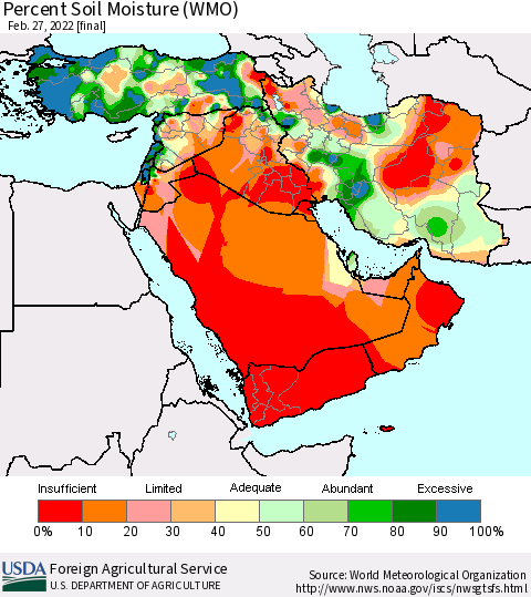 Middle East and Turkey Percent Soil Moisture (WMO) Thematic Map For 2/21/2022 - 2/27/2022