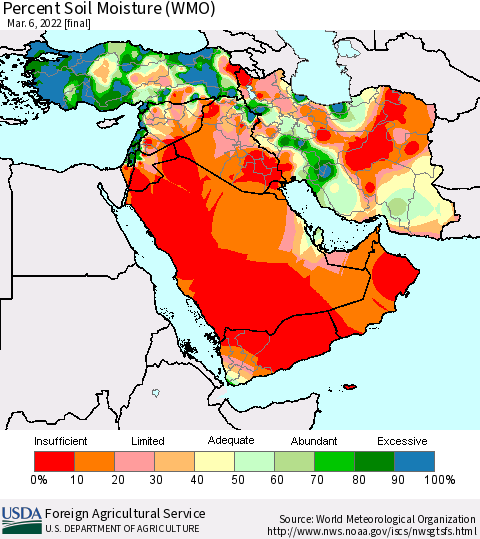 Middle East and Turkey Percent Soil Moisture (WMO) Thematic Map For 2/28/2022 - 3/6/2022
