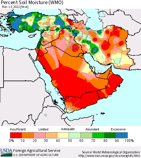 Middle East and Turkey Percent Soil Moisture (WMO) Thematic Map For 3/7/2022 - 3/13/2022