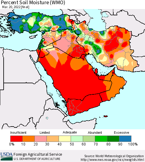 Middle East and Turkey Percent Soil Moisture (WMO) Thematic Map For 3/14/2022 - 3/20/2022