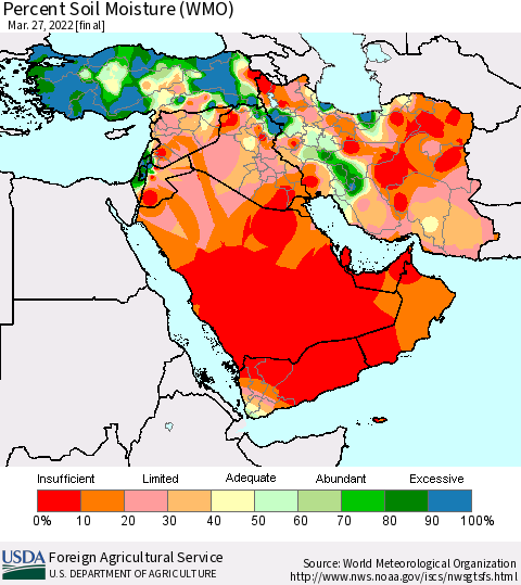 Middle East and Turkey Percent Soil Moisture (WMO) Thematic Map For 3/21/2022 - 3/27/2022