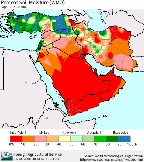 Middle East and Turkey Percent Soil Moisture (WMO) Thematic Map For 4/4/2022 - 4/10/2022
