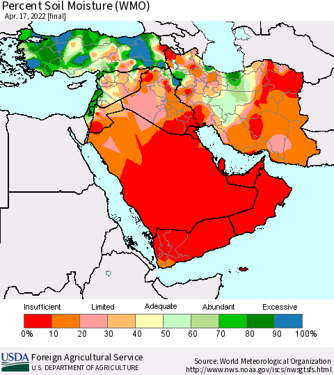 Middle East and Turkey Percent Soil Moisture (WMO) Thematic Map For 4/11/2022 - 4/17/2022