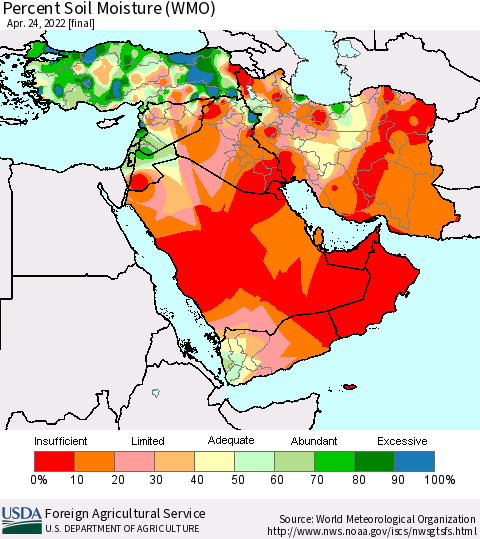 Middle East and Turkey Percent Soil Moisture (WMO) Thematic Map For 4/18/2022 - 4/24/2022