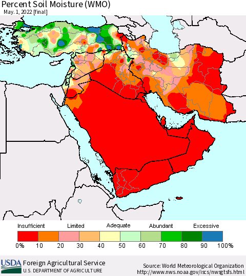 Middle East and Turkey Percent Soil Moisture (WMO) Thematic Map For 4/25/2022 - 5/1/2022