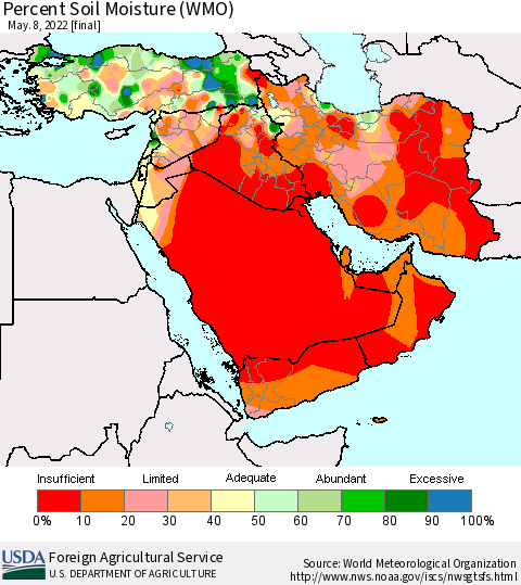 Middle East and Turkey Percent Soil Moisture (WMO) Thematic Map For 5/2/2022 - 5/8/2022