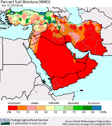 Middle East and Turkey Percent Soil Moisture (WMO) Thematic Map For 5/9/2022 - 5/15/2022