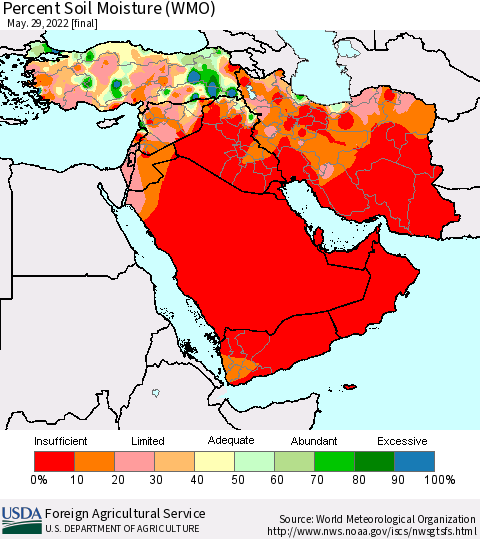 Middle East and Turkey Percent Soil Moisture (WMO) Thematic Map For 5/23/2022 - 5/29/2022