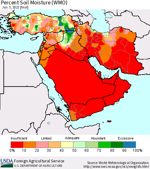 Middle East and Turkey Percent Soil Moisture (WMO) Thematic Map For 5/30/2022 - 6/5/2022