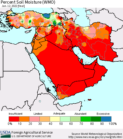 Middle East and Turkey Percent Soil Moisture (WMO) Thematic Map For 6/6/2022 - 6/12/2022
