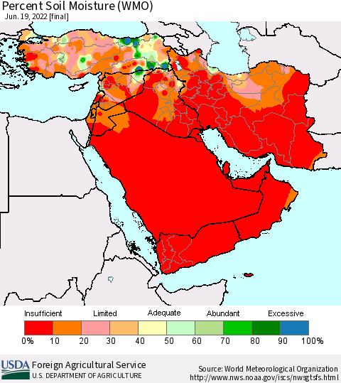 Middle East and Turkey Percent Soil Moisture (WMO) Thematic Map For 6/13/2022 - 6/19/2022