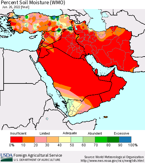 Middle East and Turkey Percent Soil Moisture (WMO) Thematic Map For 6/20/2022 - 6/26/2022
