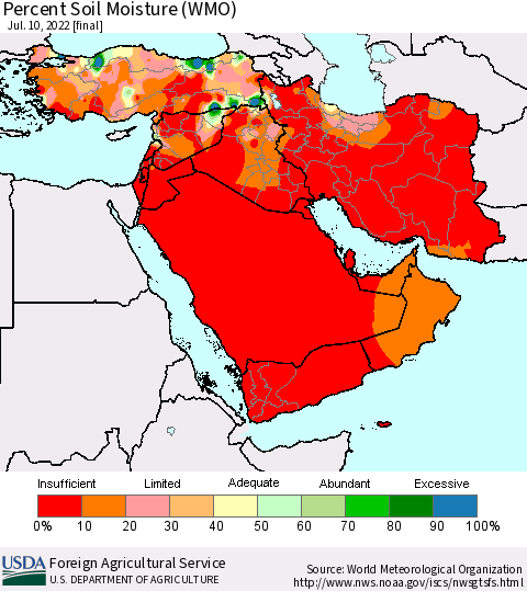 Middle East and Turkey Percent Soil Moisture (WMO) Thematic Map For 7/4/2022 - 7/10/2022