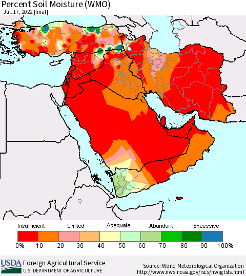 Middle East and Turkey Percent Soil Moisture (WMO) Thematic Map For 7/11/2022 - 7/17/2022