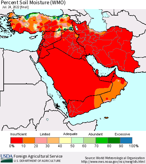 Middle East and Turkey Percent Soil Moisture (WMO) Thematic Map For 7/18/2022 - 7/24/2022
