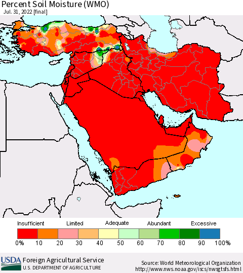 Middle East and Turkey Percent Soil Moisture (WMO) Thematic Map For 7/25/2022 - 7/31/2022