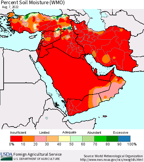 Middle East and Turkey Percent Soil Moisture (WMO) Thematic Map For 8/1/2022 - 8/7/2022