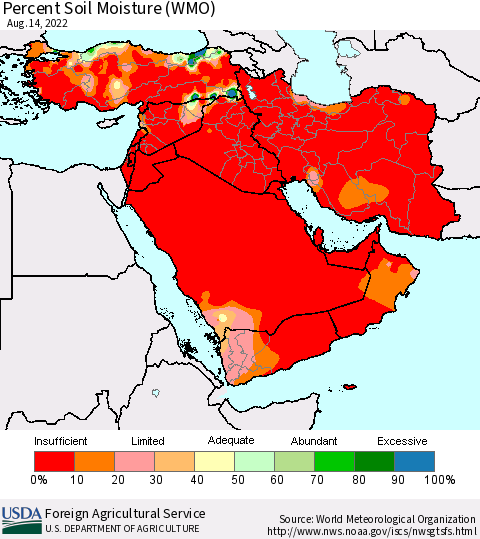 Middle East and Turkey Percent Soil Moisture (WMO) Thematic Map For 8/8/2022 - 8/14/2022