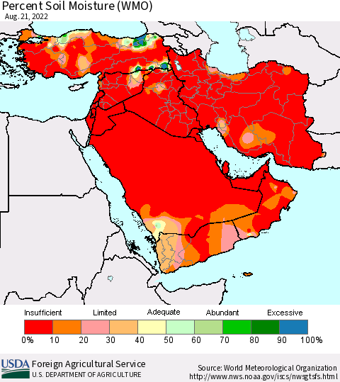 Middle East and Turkey Percent Soil Moisture (WMO) Thematic Map For 8/15/2022 - 8/21/2022