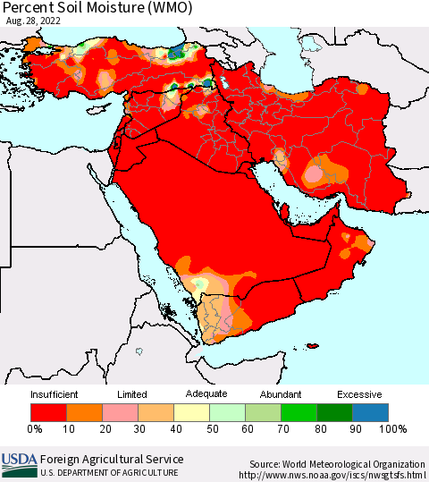 Middle East and Turkey Percent Soil Moisture (WMO) Thematic Map For 8/22/2022 - 8/28/2022