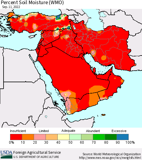 Middle East and Turkey Percent Soil Moisture (WMO) Thematic Map For 9/5/2022 - 9/11/2022