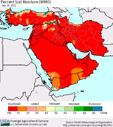 Middle East and Turkey Percent Soil Moisture (WMO) Thematic Map For 9/12/2022 - 9/18/2022