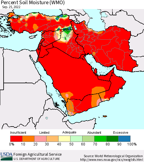 Middle East and Turkey Percent Soil Moisture (WMO) Thematic Map For 9/19/2022 - 9/25/2022