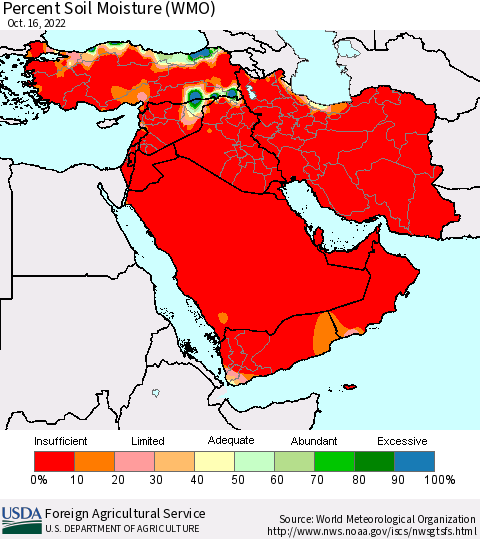 Middle East and Turkey Percent Soil Moisture (WMO) Thematic Map For 10/10/2022 - 10/16/2022