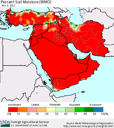 Middle East and Turkey Percent Soil Moisture (WMO) Thematic Map For 10/31/2022 - 11/6/2022
