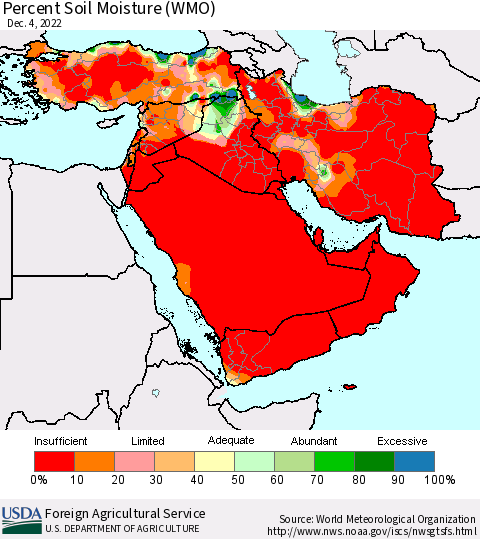 Middle East and Turkey Percent Soil Moisture (WMO) Thematic Map For 11/28/2022 - 12/4/2022