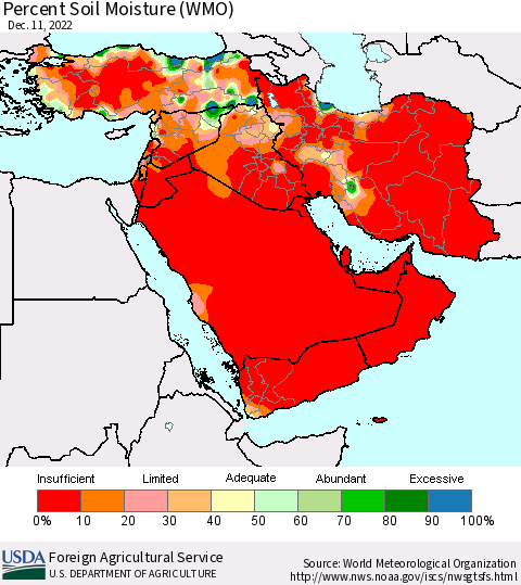 Middle East and Turkey Percent Soil Moisture (WMO) Thematic Map For 12/5/2022 - 12/11/2022